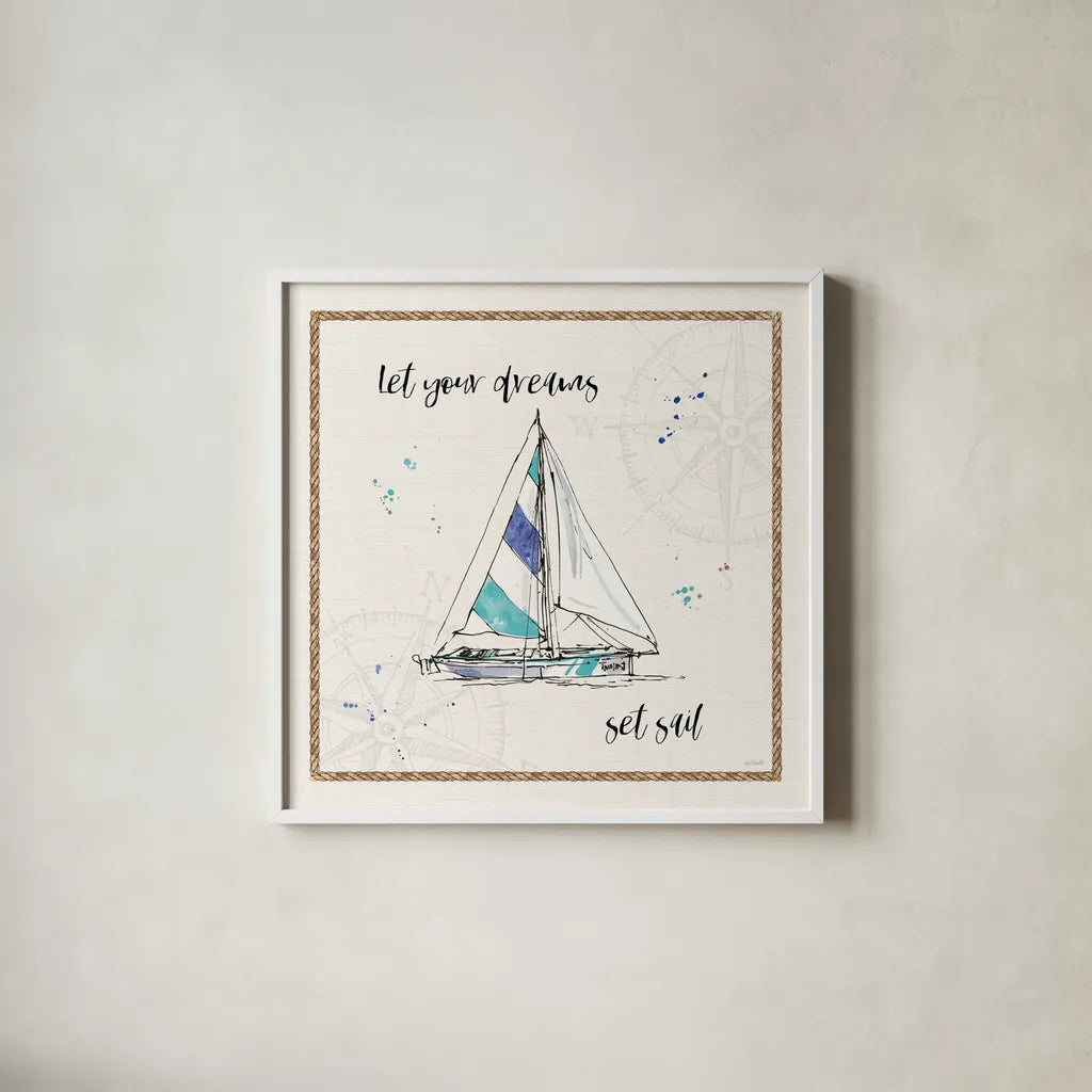 Coastal Buoys III v2 by Anne Tavoletti. Shown in a crisp white glass frame for a clean and minimalist style. Available as an archival giclee rolled canvas, fine art paper, or poster print. SKU 46158a.