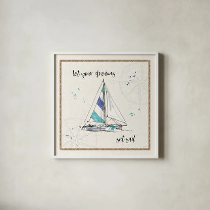 Coastal Buoys III v2 by Anne Tavoletti. Shown in a crisp white glass frame for a clean and minimalist style. Available as an archival giclee rolled canvas, fine art paper, or poster print. SKU 46158a.