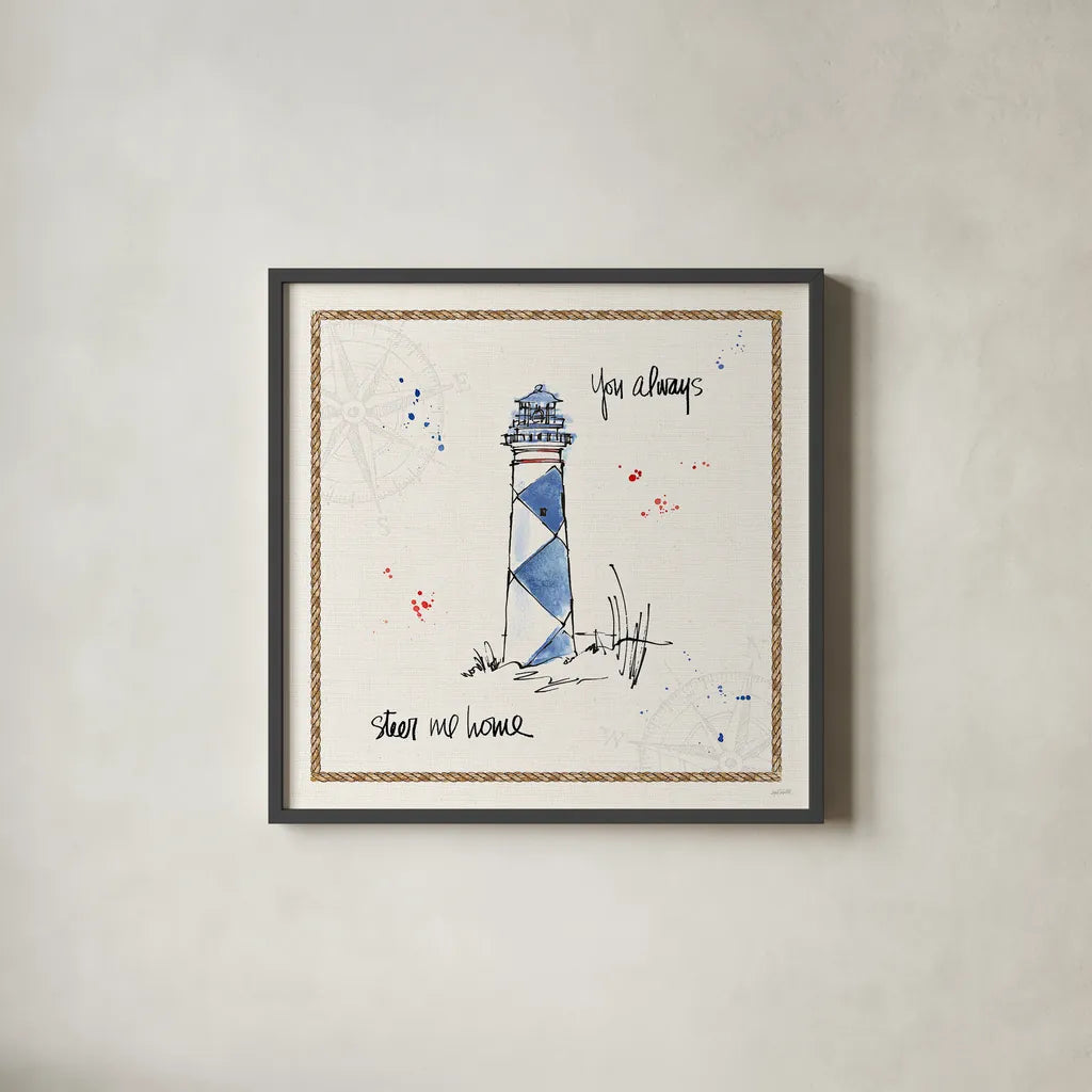 Coastal Buoys IV by Anne Tavoletti. Shown in a sleek black glass frame for a contemporary gallery look. Available as an archival giclee rolled canvas, fine art paper, or poster print. SKU 44752a.