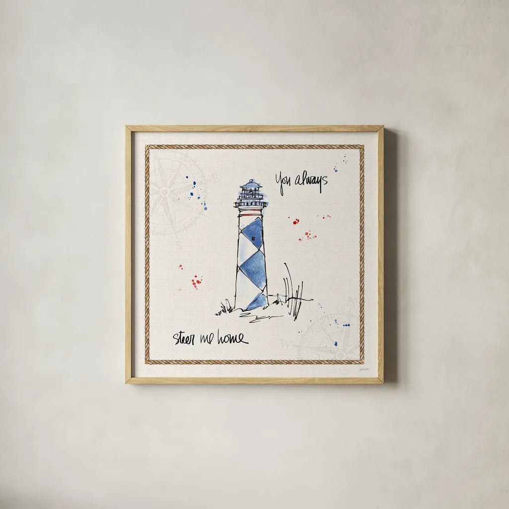 Coastal Buoys IV by Anne Tavoletti. Shown in a natural wood glass frame for a timeless modern aesthetic. Available as an archival giclee rolled canvas, fine art paper, or poster print. SKU 44752a.