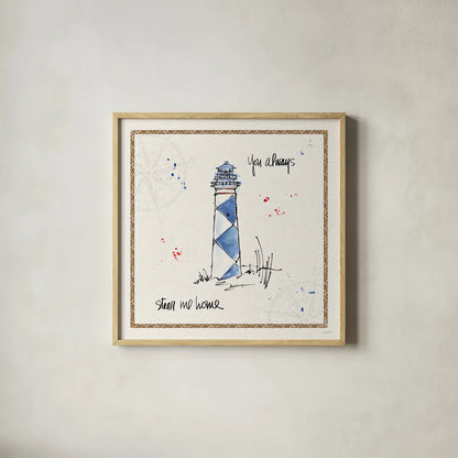 Coastal Buoys IV by Anne Tavoletti. Shown in a natural wood glass frame for a timeless modern aesthetic. Available as an archival giclee rolled canvas, fine art paper, or poster print. SKU 44752a.