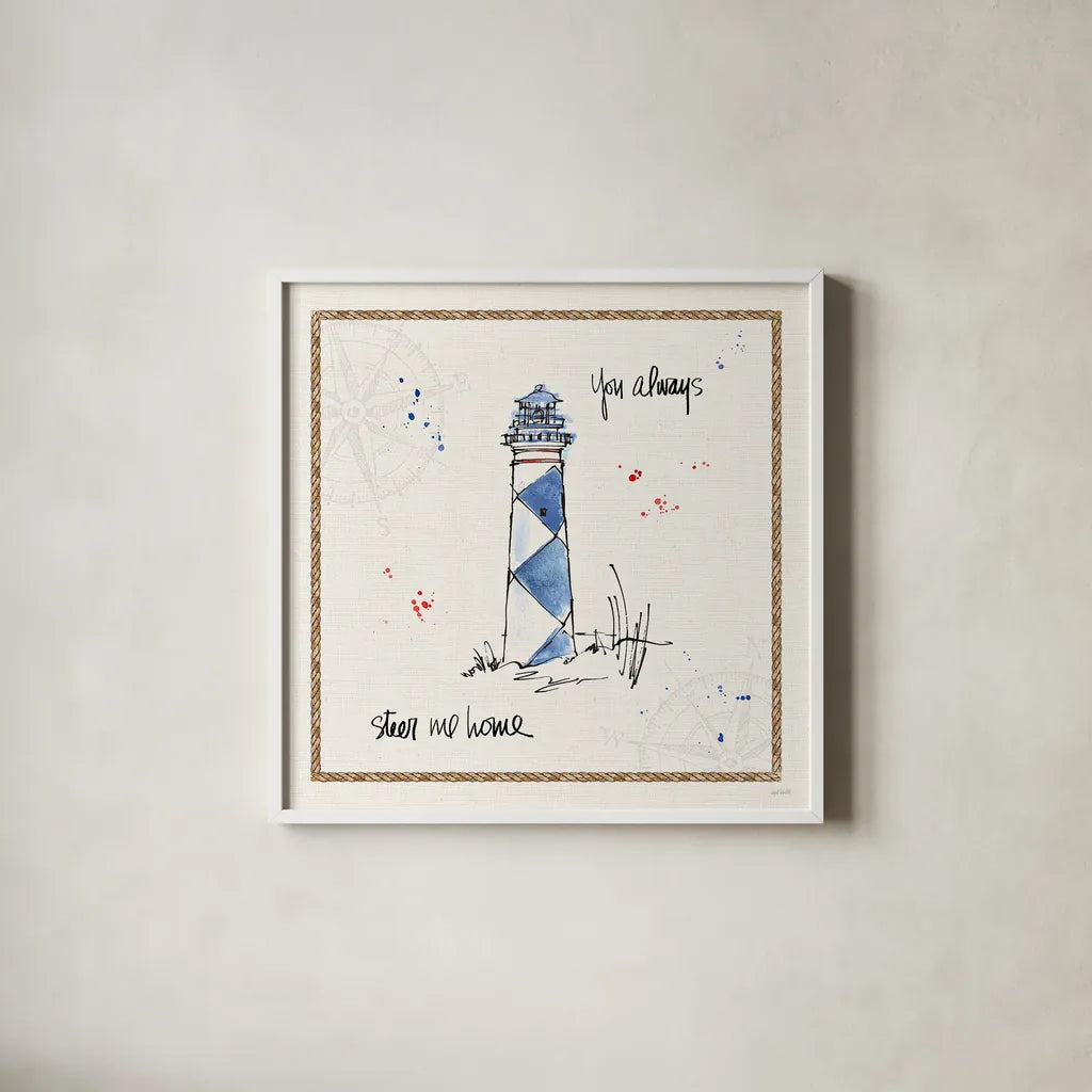 Coastal Buoys IV by Anne Tavoletti. Shown in a crisp white glass frame for a clean and minimalist style. Available as an archival giclee rolled canvas, fine art paper, or poster print. SKU 44752a.