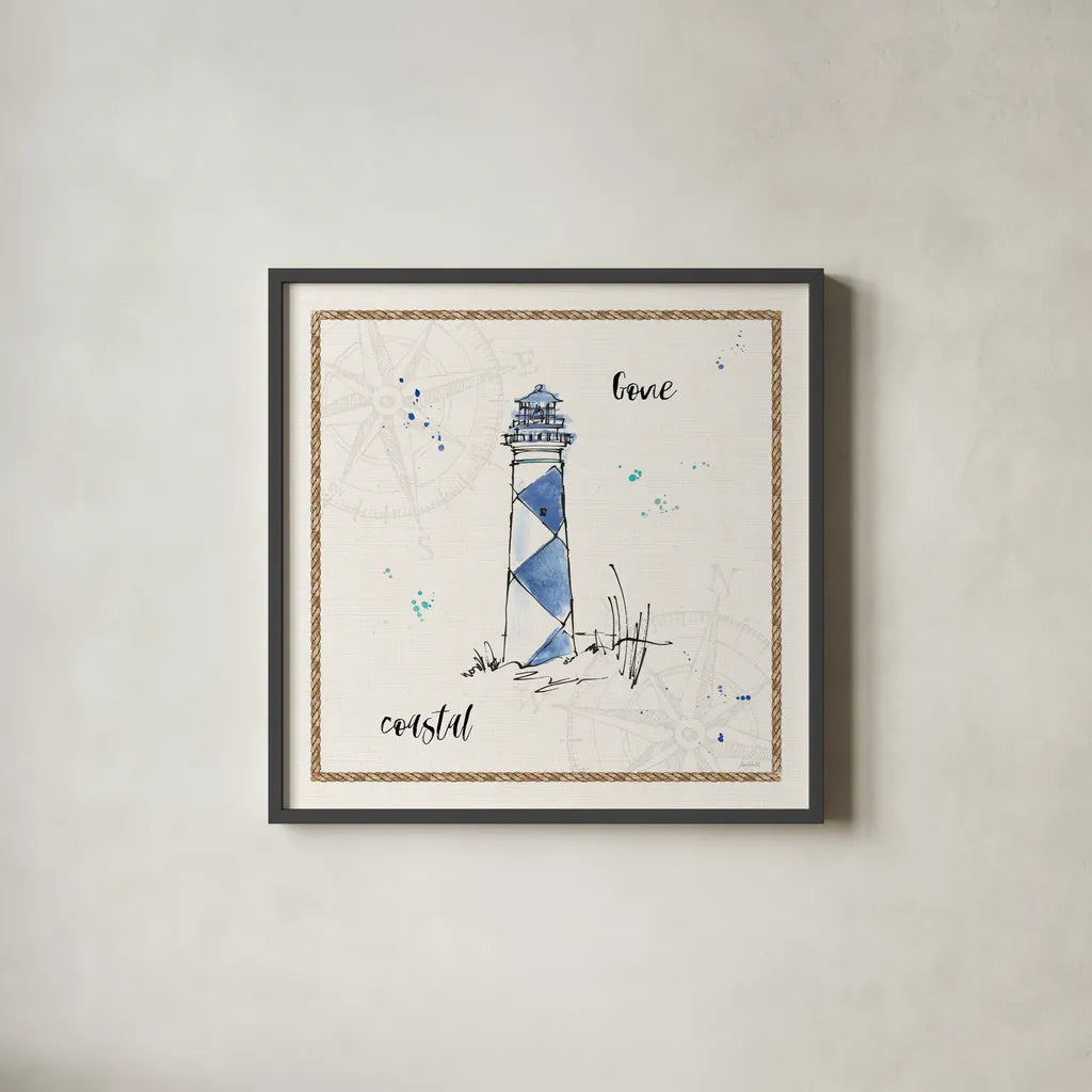 Coastal Buoys IV Coastal by Anne Tavoletti. Shown in a sleek black glass frame for a contemporary gallery look. Available as an archival giclee rolled canvas, fine art paper, or poster print. SKU 46132a.
