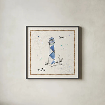 Coastal Buoys IV Coastal by Anne Tavoletti. Shown in a sleek black glass frame for a contemporary gallery look. Available as an archival giclee rolled canvas, fine art paper, or poster print. SKU 46132a.