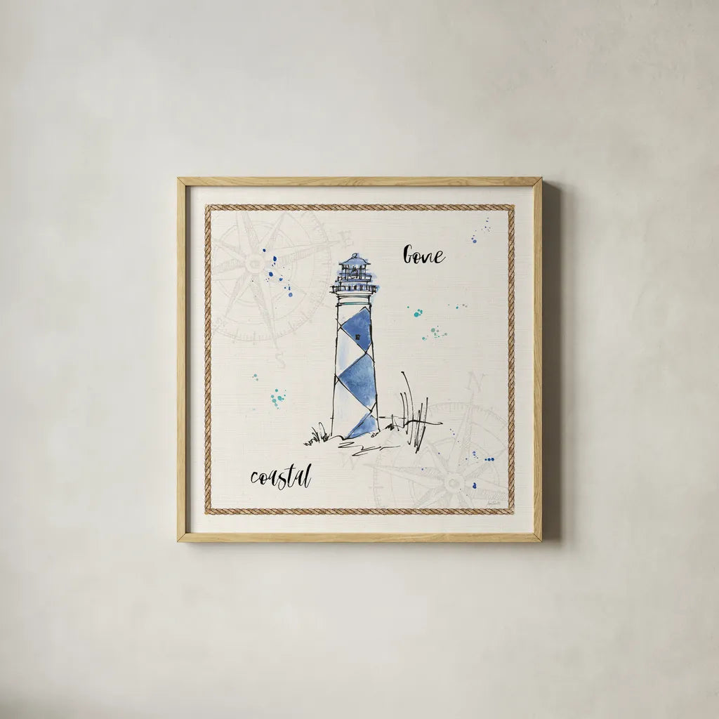 Coastal Buoys IV Coastal by Anne Tavoletti. Shown in a natural wood glass frame for a timeless modern aesthetic. Available as an archival giclee rolled canvas, fine art paper, or poster print. SKU 46132a.