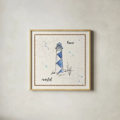 Coastal Buoys IV Coastal by Anne Tavoletti. Shown in a natural wood glass frame for a timeless modern aesthetic. Available as an archival giclee rolled canvas, fine art paper, or poster print. SKU 46132a.