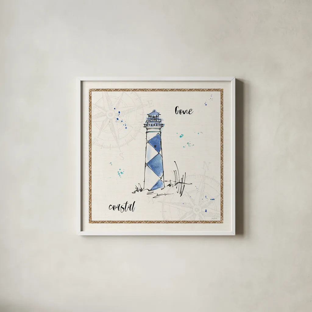Coastal Buoys IV Coastal by Anne Tavoletti. Shown in a crisp white glass frame for a clean and minimalist style. Available as an archival giclee rolled canvas, fine art paper, or poster print. SKU 46132a.