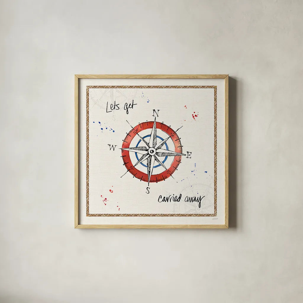 Coastal Buoys V by Anne Tavoletti. Shown in a natural wood glass frame for a timeless modern aesthetic. Available as an archival giclee rolled canvas, fine art paper, or poster print. SKU 44753a.