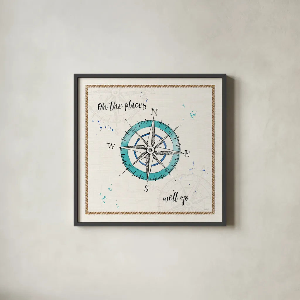 Coastal Buoys V Go by Anne Tavoletti. Shown in a sleek black glass frame for a contemporary gallery look. Available as an archival giclee rolled canvas, fine art paper, or poster print. SKU 46133a.