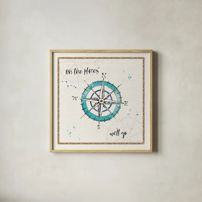 Coastal Buoys V Go by Anne Tavoletti. Shown in a natural wood glass frame for a timeless modern aesthetic. Available as an archival giclee rolled canvas, fine art paper, or poster print. SKU 46133a.