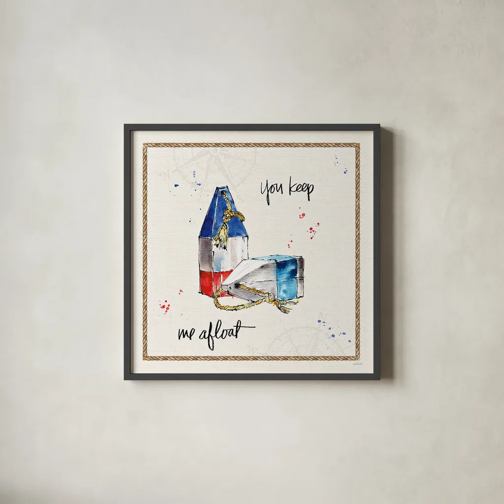 Coastal Buoys VI by Anne Tavoletti. Shown in a sleek black glass frame for a contemporary gallery look. Available as an archival giclee rolled canvas, fine art paper, or poster print. SKU 44754a.