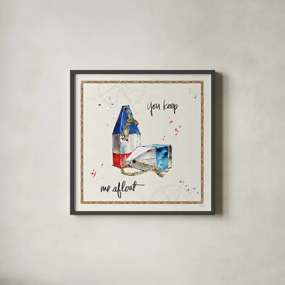 Coastal Buoys VI by Anne Tavoletti. Shown in a sleek black glass frame for a contemporary gallery look. Available as an archival giclee rolled canvas, fine art paper, or poster print. SKU 44754a.