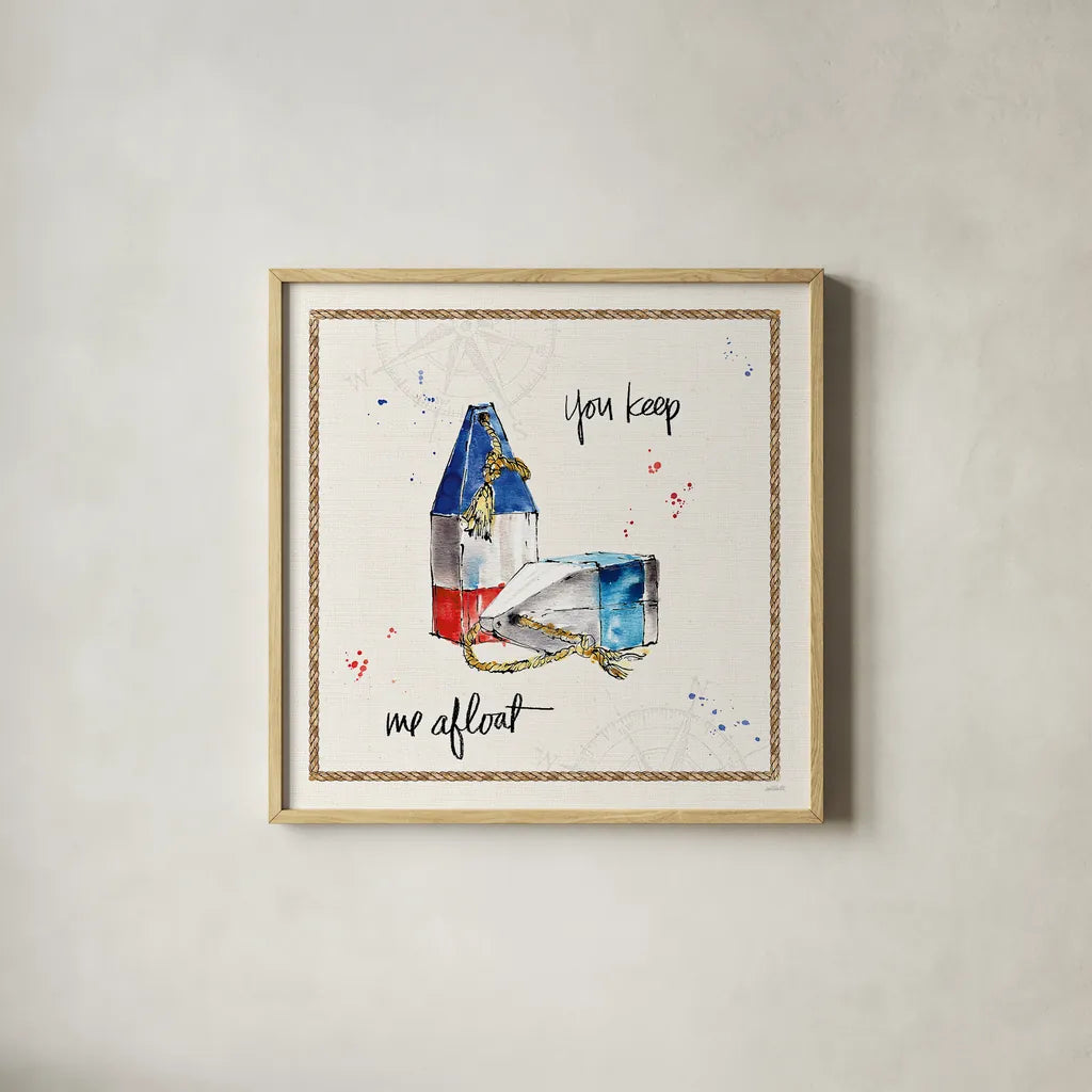 Coastal Buoys VI by Anne Tavoletti. Shown in a natural wood glass frame for a timeless modern aesthetic. Available as an archival giclee rolled canvas, fine art paper, or poster print. SKU 44754a.