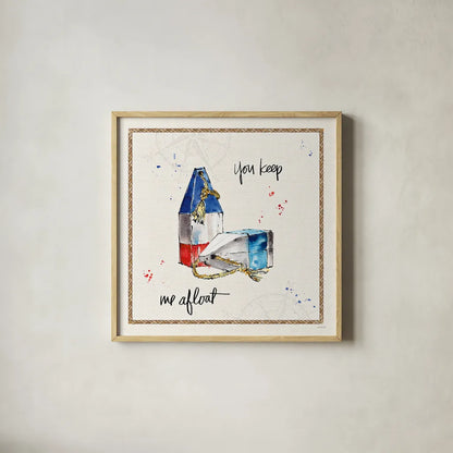 Coastal Buoys VI by Anne Tavoletti. Shown in a natural wood glass frame for a timeless modern aesthetic. Available as an archival giclee rolled canvas, fine art paper, or poster print. SKU 44754a.