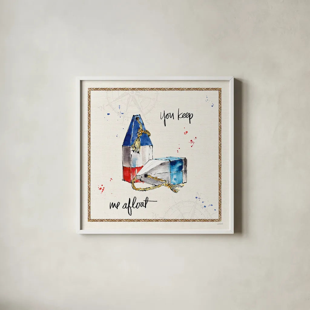 Coastal Buoys VI by Anne Tavoletti. Shown in a crisp white glass frame for a clean and minimalist style. Available as an archival giclee rolled canvas, fine art paper, or poster print. SKU 44754a.