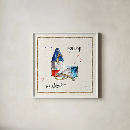 Coastal Buoys VI by Anne Tavoletti. Shown in a crisp white glass frame for a clean and minimalist style. Available as an archival giclee rolled canvas, fine art paper, or poster print. SKU 44754a.