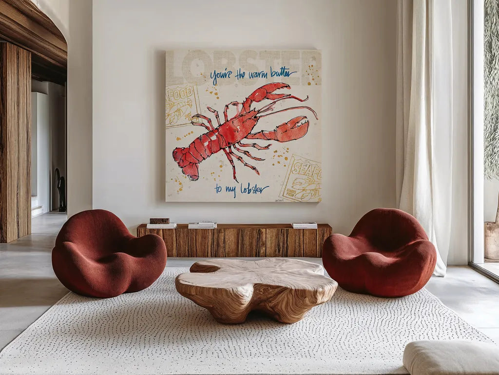 Coastal Catch I by Anne Tavoletti. Shown as extra-large giant wall art in a modern living room. Available as an archival giclee rolled canvas, fine art paper, or poster print. SKU 29964a.