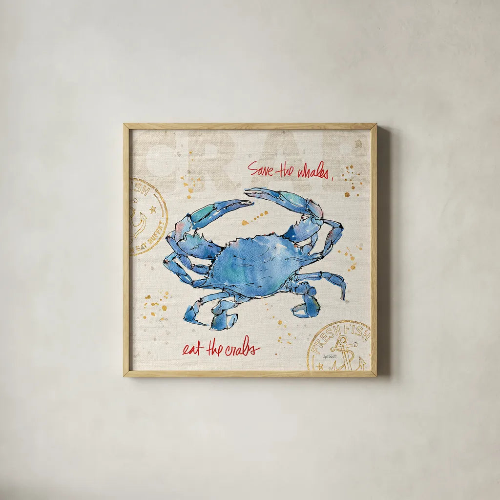 Coastal Catch II by Anne Tavoletti. Shown in a natural wood glass frame for a timeless modern aesthetic. Available as an archival giclee rolled canvas, fine art paper, or poster print. SKU 29965a.