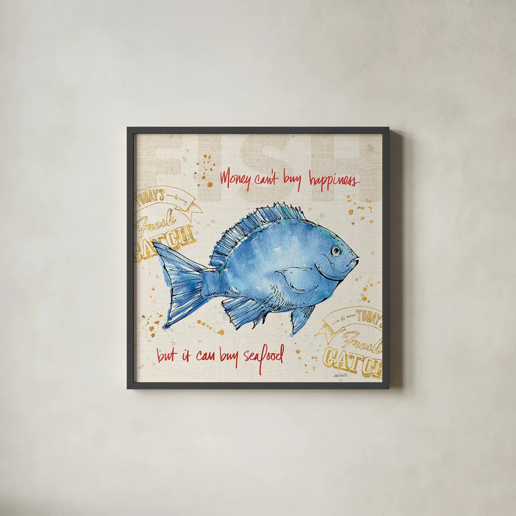 Coastal Catch III by Anne Tavoletti. Shown in a sleek black glass frame for a contemporary gallery look. Available as an archival giclee rolled canvas, fine art paper, or poster print. SKU 29966a.