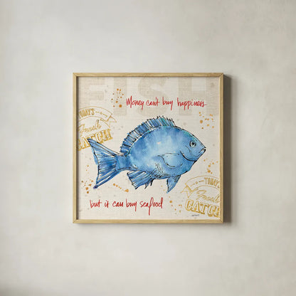 Coastal Catch III by Anne Tavoletti. Shown in a natural wood glass frame for a timeless modern aesthetic. Available as an archival giclee rolled canvas, fine art paper, or poster print. SKU 29966a.