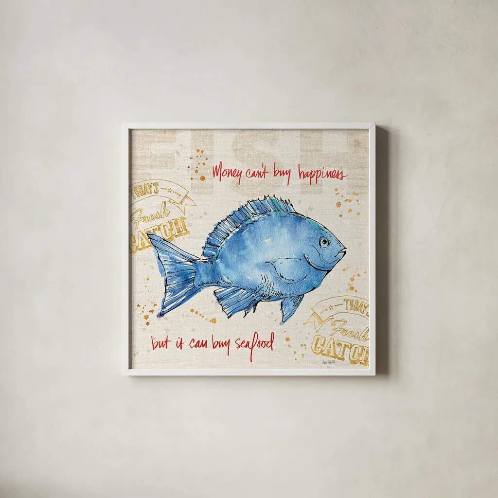 Coastal Catch III by Anne Tavoletti. Shown in a crisp white glass frame for a clean and minimalist style. Available as an archival giclee rolled canvas, fine art paper, or poster print. SKU 29966a.