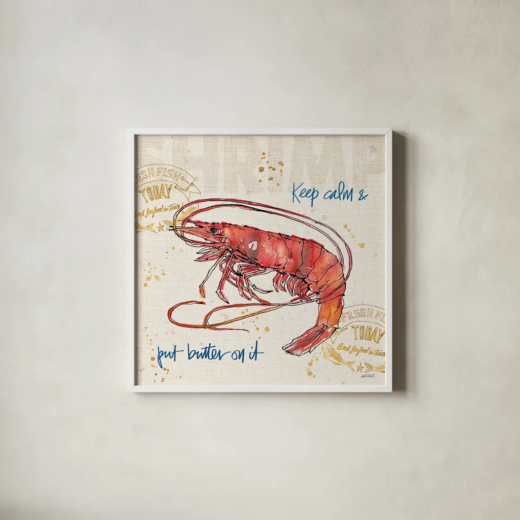 Coastal Catch IV by Anne Tavoletti. Shown in a crisp white glass frame for a clean and minimalist style. Available as an archival giclee rolled canvas, fine art paper, or poster print. SKU 29967a.