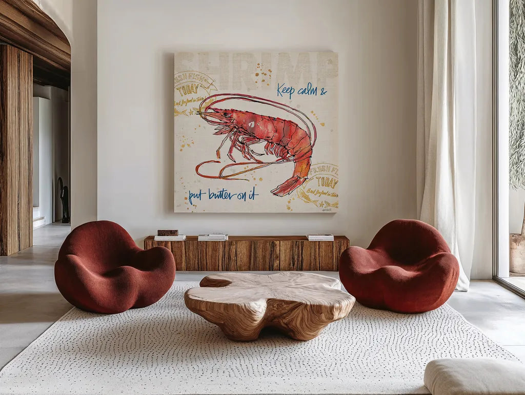 Coastal Catch IV by Anne Tavoletti. Shown as extra-large giant wall art in a modern living room. Available as an archival giclee rolled canvas, fine art paper, or poster print. SKU 29967a.
