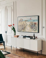 Coastal Catch V by Anne Tavoletti. shown as a framed stretched canvas in a living room above a console. Available as a archival giclee rolled canvas, fine art paper, or poster print. SKU 29968i.