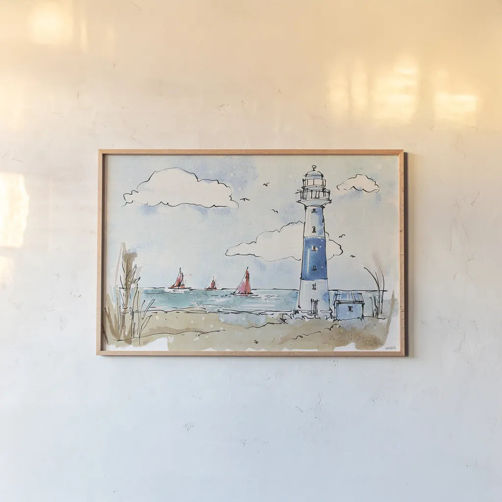 Coastal Life II by Anne Tavoletti. shown as a paper print in a natural frame. Available as a archival giclee rolled canvas, fine art paper, or poster print. SKU 27013i.