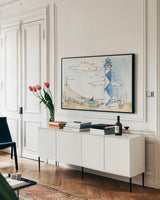 Coastal Life VIII by Anne Tavoletti. shown as a framed stretched canvas in a living room above a console. Available as a archival giclee rolled canvas, fine art paper, or poster print. SKU 28345i.