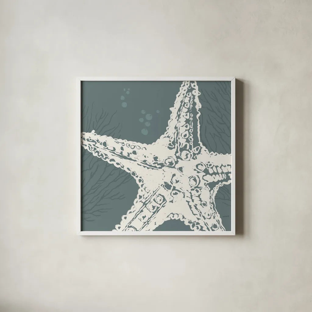 Coastal Seaside Style XIII by Anne Tavoletti. Shown in a crisp white glass frame for a clean and minimalist style. Available as an archival giclee rolled canvas, fine art paper, or poster print. SKU 87166a.