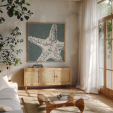 Coastal Seaside Style XIII by Anne Tavoletti. Shown in a natural wood frame in a cozy modern living room. Available as an archival giclee rolled canvas, fine art paper, or poster print. SKU 87166a.