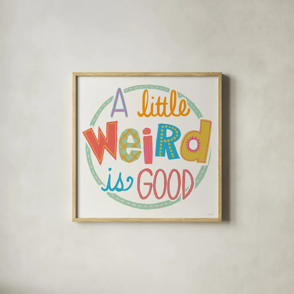 Colorful Sayings I by Anne Tavoletti. Shown in a natural wood glass frame for a timeless modern aesthetic. Available as an archival giclee rolled canvas, fine art paper, or poster print. SKU 89184a.