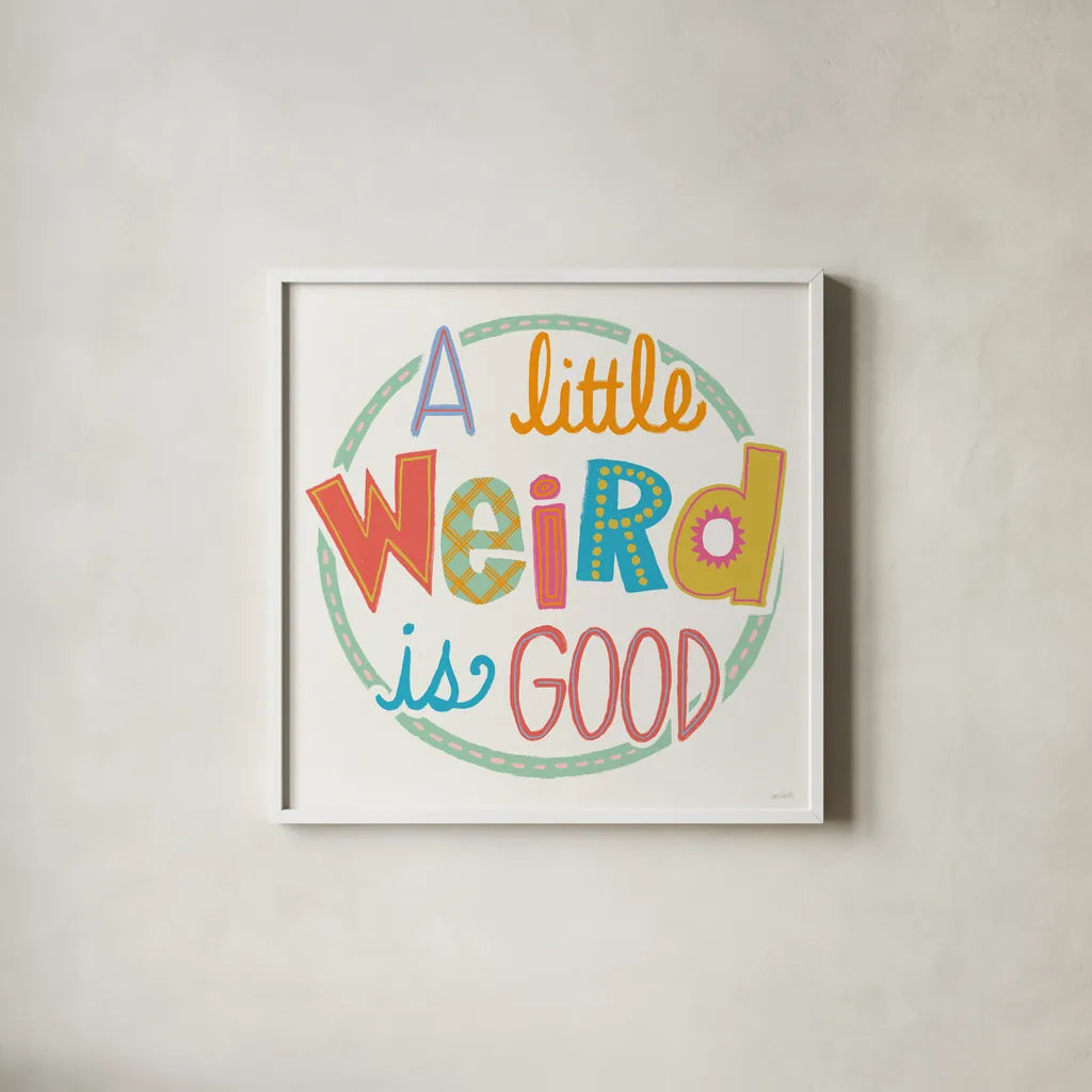 Colorful Sayings I by Anne Tavoletti. Shown in a crisp white glass frame for a clean and minimalist style. Available as an archival giclee rolled canvas, fine art paper, or poster print. SKU 89184a.