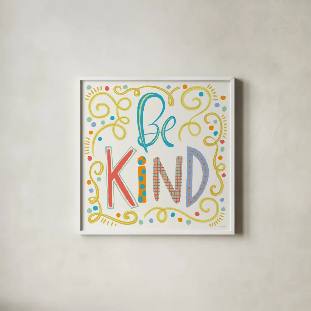 Colorful Sayings II by Anne Tavoletti. Shown in a crisp white glass frame for a clean and minimalist style. Available as an archival giclee rolled canvas, fine art paper, or poster print. SKU 89185a.