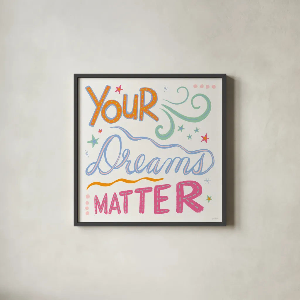 Colorful Sayings III by Anne Tavoletti. Shown in a sleek black glass frame for a contemporary gallery look. Available as an archival giclee rolled canvas, fine art paper, or poster print. SKU 89186a.