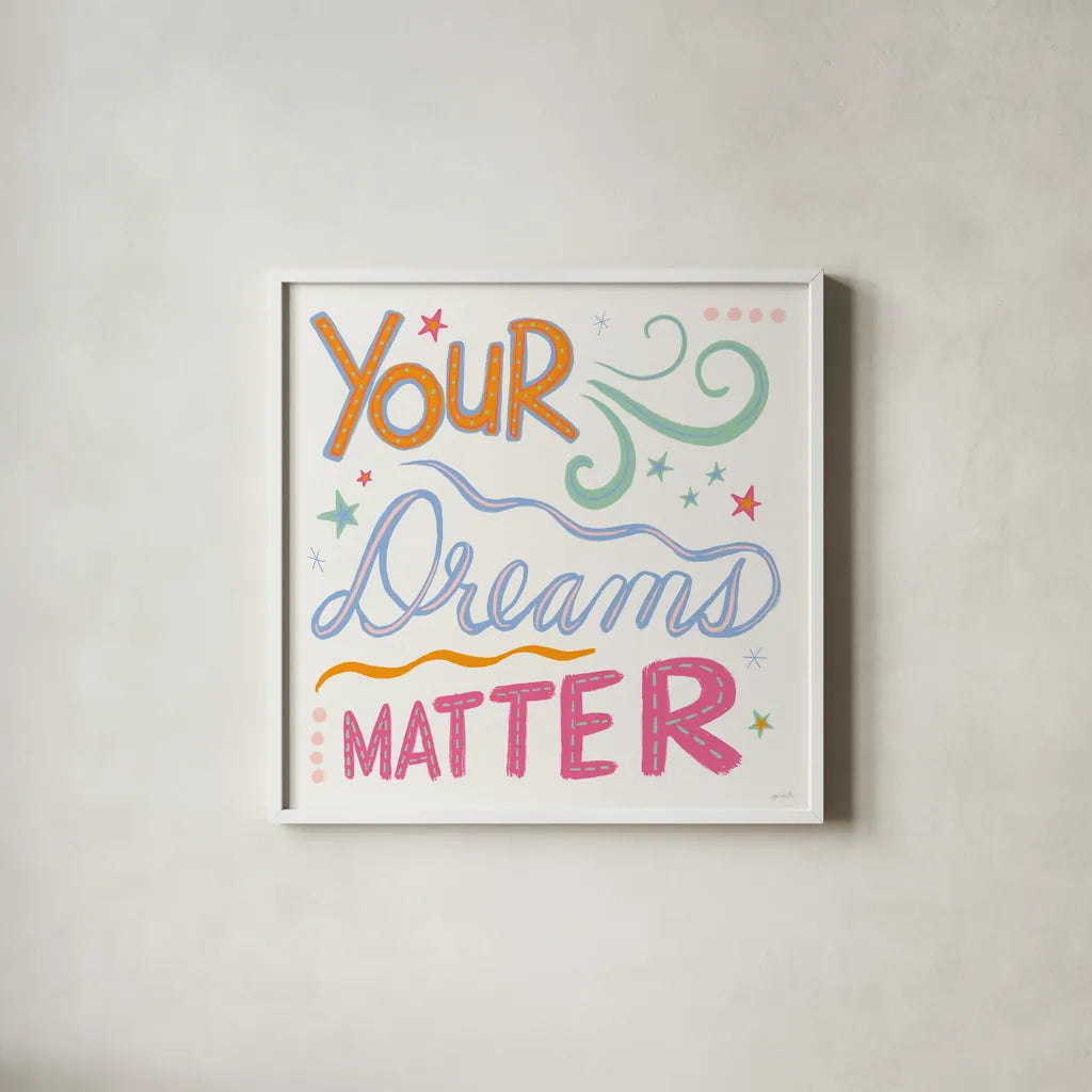 Colorful Sayings III by Anne Tavoletti. Shown in a crisp white glass frame for a clean and minimalist style. Available as an archival giclee rolled canvas, fine art paper, or poster print. SKU 89186a.