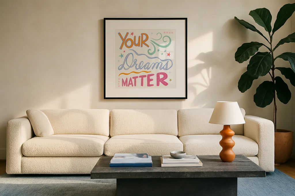 Colorful Sayings III by Anne Tavoletti. Displayed in a glass frame with matte in a clean modern living room. Available as an archival giclee rolled canvas, fine art paper, or poster print. SKU 89186a.