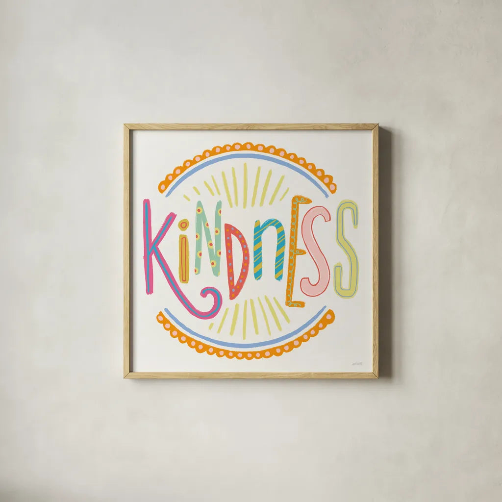 Colorful Sayings IV by Anne Tavoletti. Shown in a natural wood glass frame for a timeless modern aesthetic. Available as an archival giclee rolled canvas, fine art paper, or poster print. SKU 89187a.