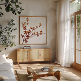 Colors of the Fall IX by Anne Tavoletti. Shown in a natural wood frame in a cozy modern living room. Available as an archival giclee rolled canvas, fine art paper, or poster print. SKU 68022a.