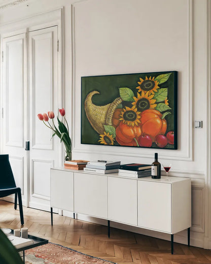Cornucopia by Anne Tavoletti. shown as a framed stretched canvas in a living room above a console. Available as a archival giclee rolled canvas, fine art paper, or poster print. SKU 26707i.