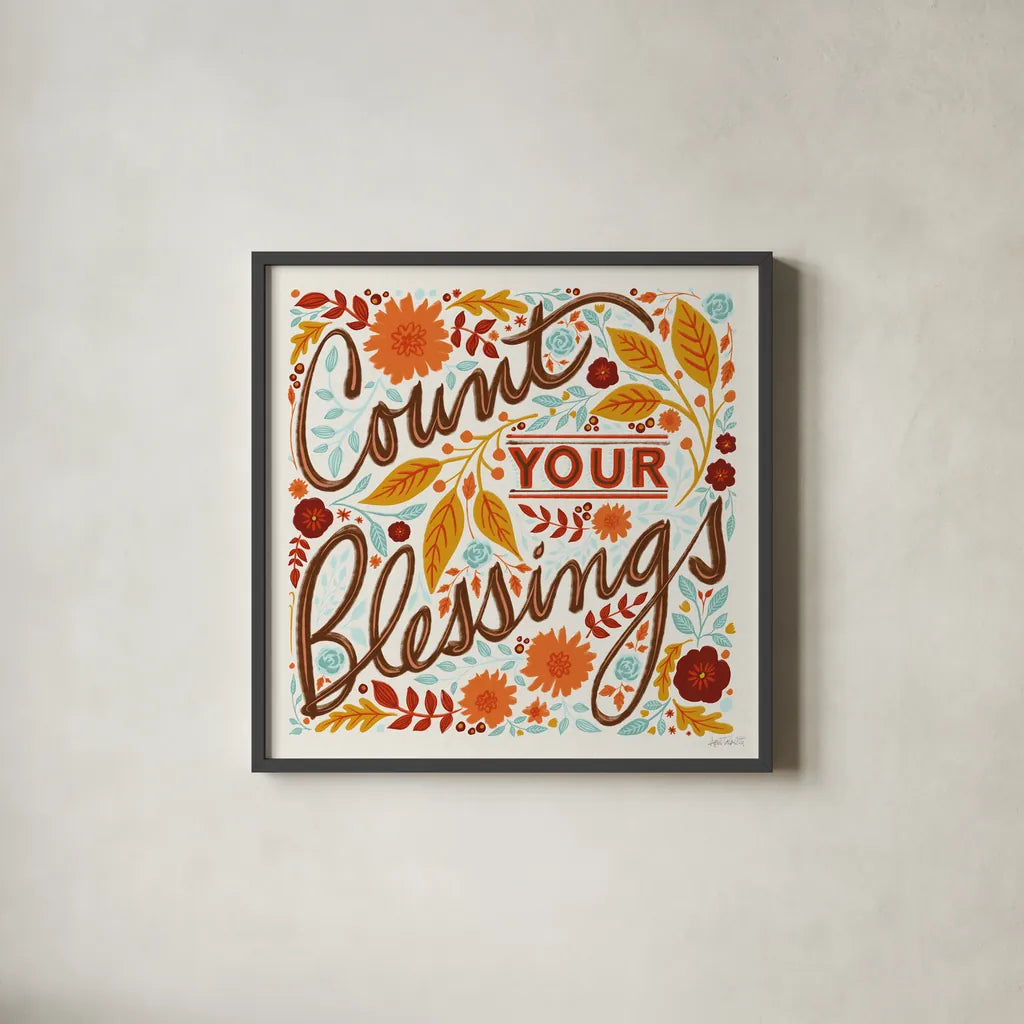 Count Your Blessings I by Anne Tavoletti. Shown in a sleek black glass frame for a contemporary gallery look. Available as an archival giclee rolled canvas, fine art paper, or poster print. SKU 68631a.