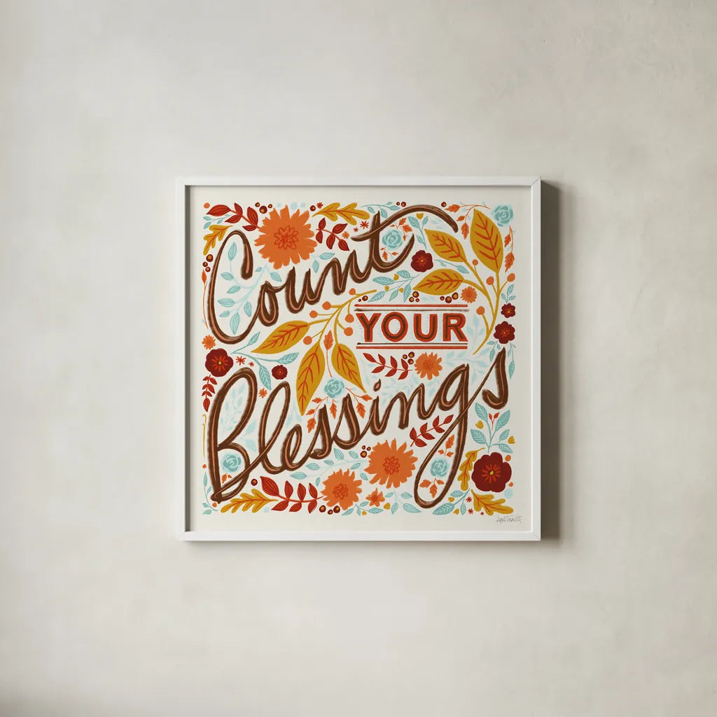 Count Your Blessings I by Anne Tavoletti. Shown in a crisp white glass frame for a clean and minimalist style. Available as an archival giclee rolled canvas, fine art paper, or poster print. SKU 68631a.
