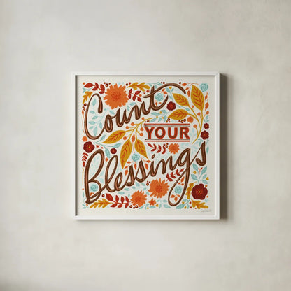 Count Your Blessings I by Anne Tavoletti. Shown in a crisp white glass frame for a clean and minimalist style. Available as an archival giclee rolled canvas, fine art paper, or poster print. SKU 68631a.