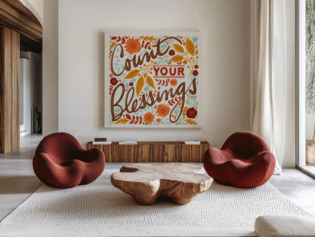 Count Your Blessings I by Anne Tavoletti. Shown as extra-large giant wall art in a modern living room. Available as an archival giclee rolled canvas, fine art paper, or poster print. SKU 68631a.