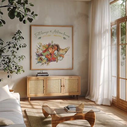 Country Harvest IV by Anne Tavoletti. Shown in a natural wood frame in a cozy modern living room. Available as an archival giclee rolled canvas, fine art paper, or poster print. SKU 73549a.