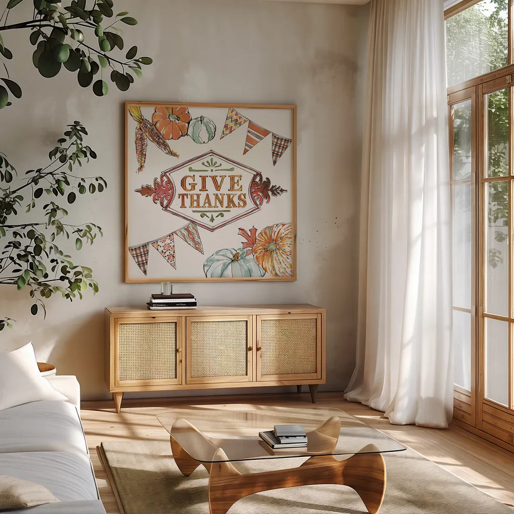 Country Harvest V by Anne Tavoletti. Shown in a natural wood frame in a cozy modern living room. Available as an archival giclee rolled canvas, fine art paper, or poster print. SKU 73550a.