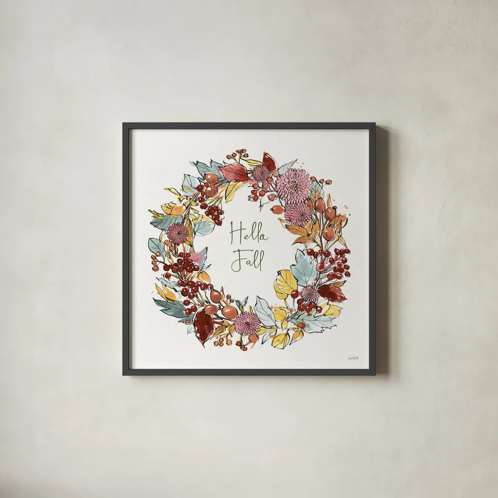 Country Harvest VII Hello by Anne Tavoletti. Shown in a sleek black glass frame for a contemporary gallery look. Available as an archival giclee rolled canvas, fine art paper, or poster print. SKU 76174a.