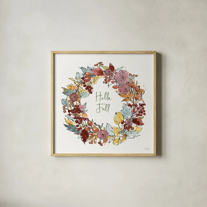Country Harvest VII Hello by Anne Tavoletti. Shown in a natural wood glass frame for a timeless modern aesthetic. Available as an archival giclee rolled canvas, fine art paper, or poster print. SKU 76174a.