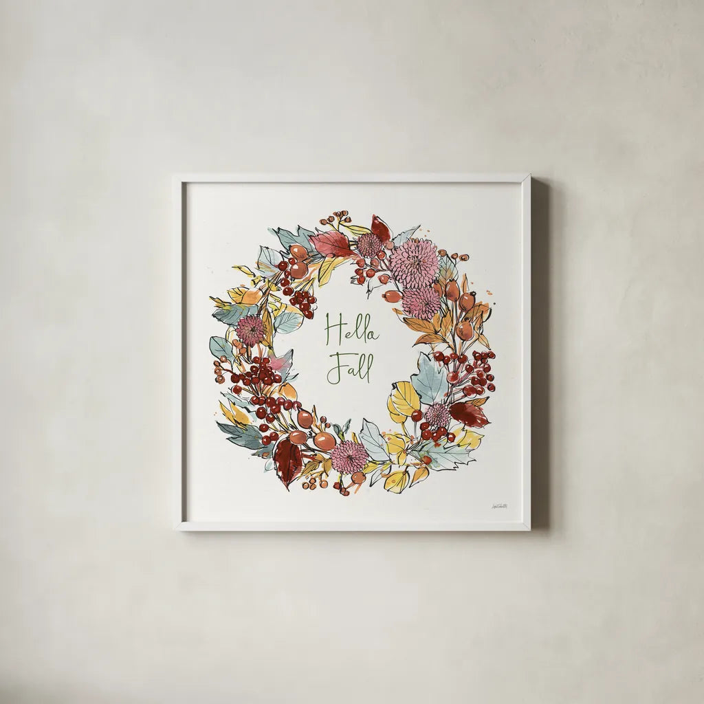 Country Harvest VII Hello by Anne Tavoletti. Shown in a crisp white glass frame for a clean and minimalist style. Available as an archival giclee rolled canvas, fine art paper, or poster print. SKU 76174a.